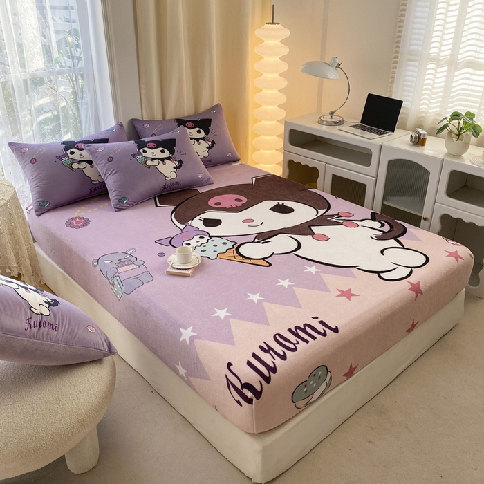 91家纺网 家纺一手货源 找家纺 一电 外贸2025新款卡通珊瑚绒床笠单件床罩冬季加厚牛奶绒床垫保护罩全包床单套 甜筒库洛米