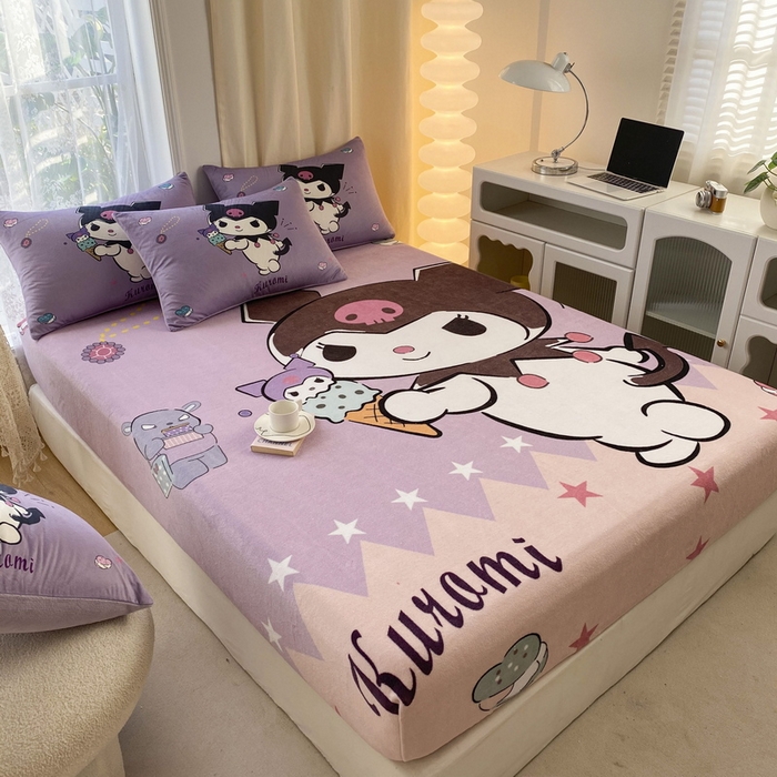 91家纺网 家纺一手货源 找家纺 一电 外贸2025新款卡通珊瑚绒床笠单件床罩冬季加厚牛奶绒床垫保护罩全包床单套 甜筒库洛米