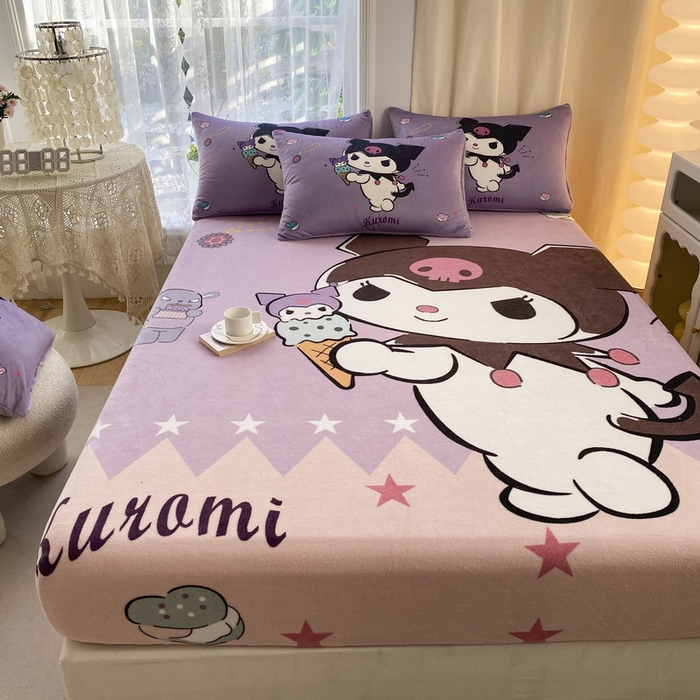 91家纺网 家纺一手货源 找家纺 一电 外贸2025新款卡通珊瑚绒床笠单件床罩冬季加厚牛奶绒床垫保护罩全包床单套 甜筒库洛米