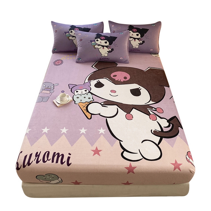 91家纺网 家纺一手货源 找家纺 一电 外贸2025新款卡通珊瑚绒床笠单件床罩冬季加厚牛奶绒床垫保护罩全包床单套 甜筒库洛米