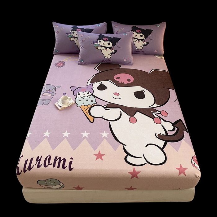 91家纺网 家纺一手货源 找家纺 一电 外贸2025新款卡通珊瑚绒床笠单件床罩冬季加厚牛奶绒床垫保护罩全包床单套 甜筒库洛米