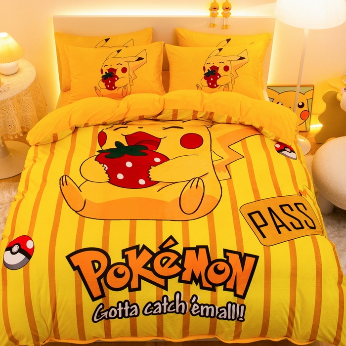 91家纺网 家纺一手货源 找家纺 一电 2025外贸跨境电商儿童卡通床上四件套亲肤牛奶绒学生三件床单被套加大珊瑚宝宝卡通 草莓皮卡丘