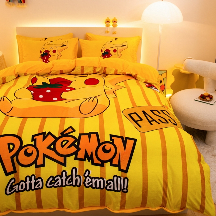 91家纺网 家纺一手货源 找家纺 一电 2025外贸跨境电商儿童卡通床上四件套亲肤牛奶绒学生三件床单被套加大珊瑚宝宝卡通 草莓皮卡丘