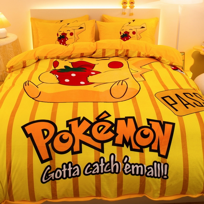 91家纺网 家纺一手货源 找家纺 一电 2025外贸跨境电商儿童卡通床上四件套亲肤牛奶绒学生三件床单被套加大珊瑚宝宝卡通 草莓皮卡丘