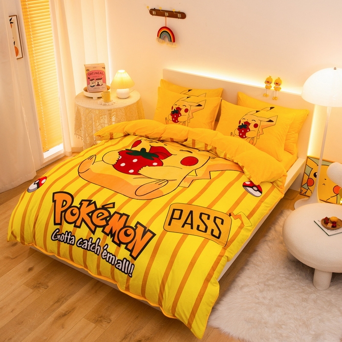 91家纺网 家纺一手货源 找家纺 一电 2025外贸跨境电商儿童卡通床上四件套亲肤牛奶绒学生三件床单被套加大珊瑚宝宝卡通 草莓皮卡丘