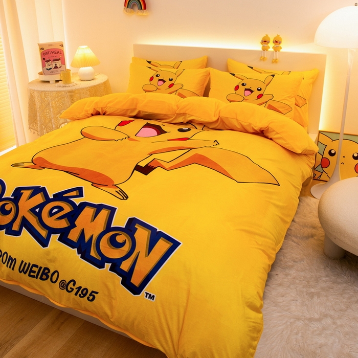 91家纺网 家纺一手货源 找家纺 一电 2025外贸跨境电商儿童卡通床上四件套亲肤牛奶绒学生三件床单被套加大珊瑚宝宝卡通 唱歌皮卡丘