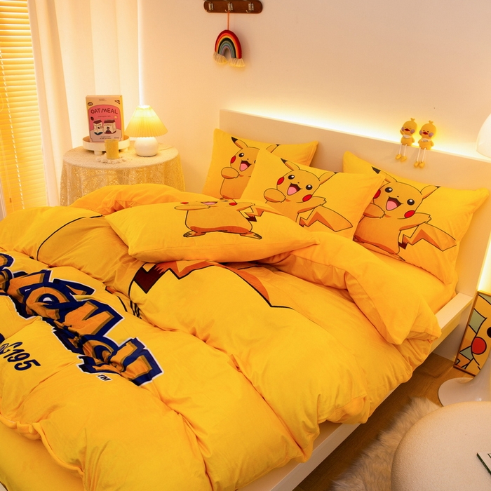 91家纺网 家纺一手货源 找家纺 一电 2025外贸跨境电商儿童卡通床上四件套亲肤牛奶绒学生三件床单被套加大珊瑚宝宝卡通 唱歌皮卡丘