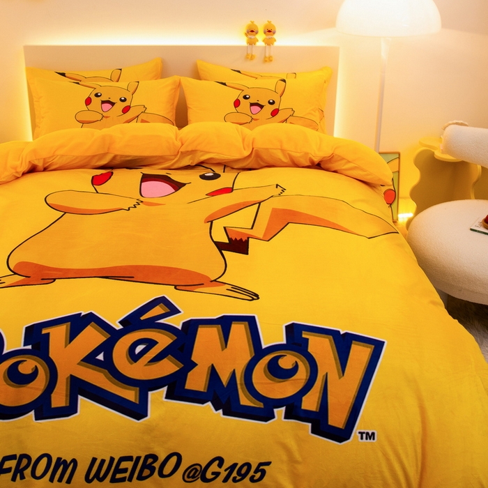 91家纺网 家纺一手货源 找家纺 一电 2025外贸跨境电商儿童卡通床上四件套亲肤牛奶绒学生三件床单被套加大珊瑚宝宝卡通 唱歌皮卡丘