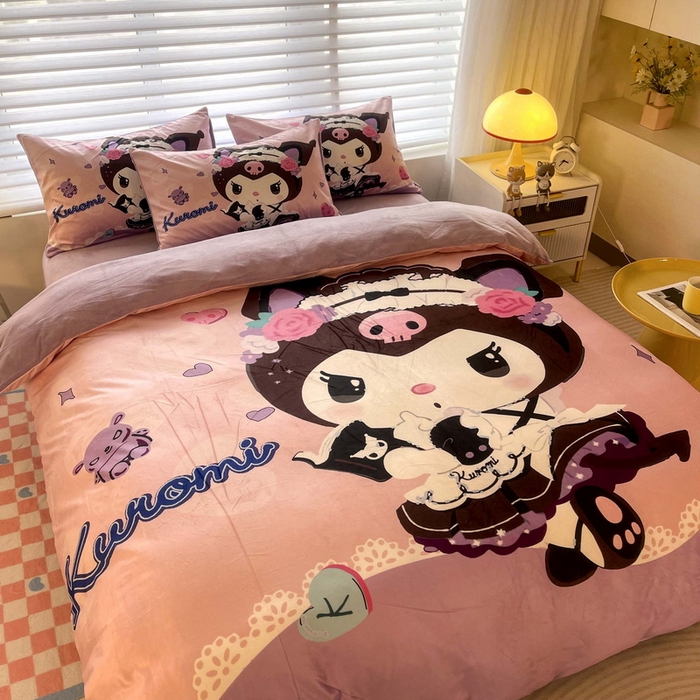 91家纺网 家纺一手货源 找家纺 一电 2025外贸跨境电商儿童卡通床上四件套亲肤牛奶绒学生三件床单被套加大珊瑚宝宝卡通 公主库洛米