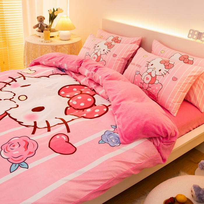 91家纺网 家纺一手货源 找家纺 一电 2025外贸跨境电商儿童卡通床上四件套亲肤牛奶绒学生三件床单被套加大珊瑚宝宝卡通 害羞KT