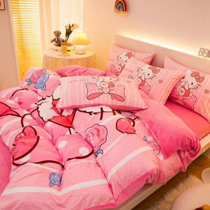 91家纺网 家纺一手货源 找家纺 一电 2025外贸跨境电商儿童卡通床上四件套亲肤牛奶绒学生三件床单被套加大珊瑚宝宝卡通 害羞KT