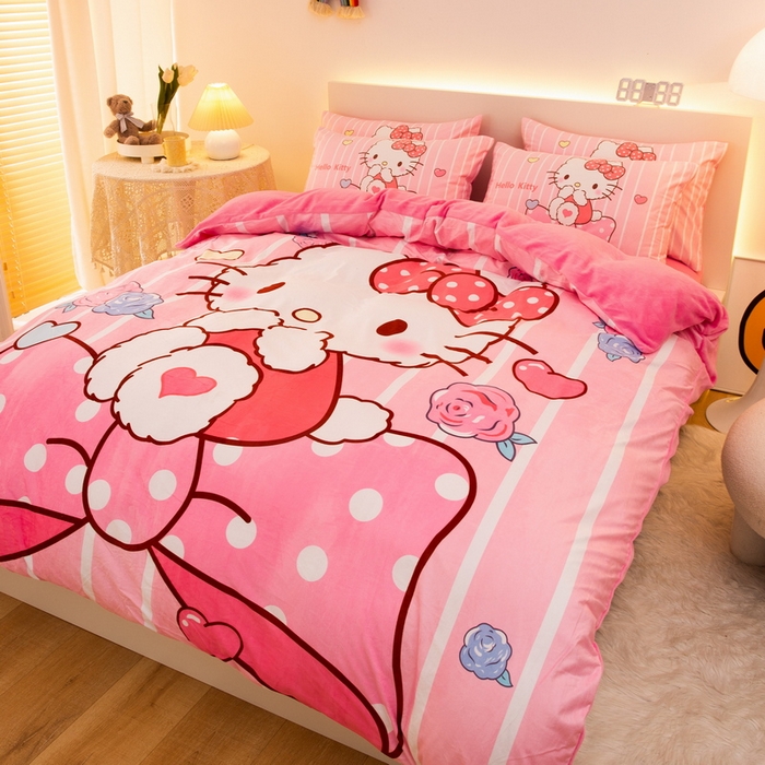 91家纺网 家纺一手货源 找家纺 一电 2025外贸跨境电商儿童卡通床上四件套亲肤牛奶绒学生三件床单被套加大珊瑚宝宝卡通 害羞KT