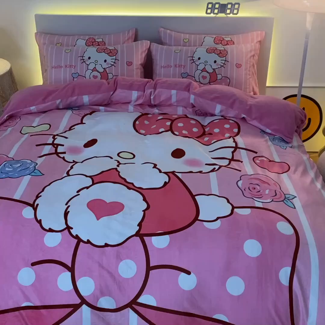 91家纺网 家纺一手货源 找家纺 一电 2025外贸跨境电商儿童卡通床上四件套亲肤牛奶绒学生三件床单被套加大珊瑚宝宝卡通 害羞KT