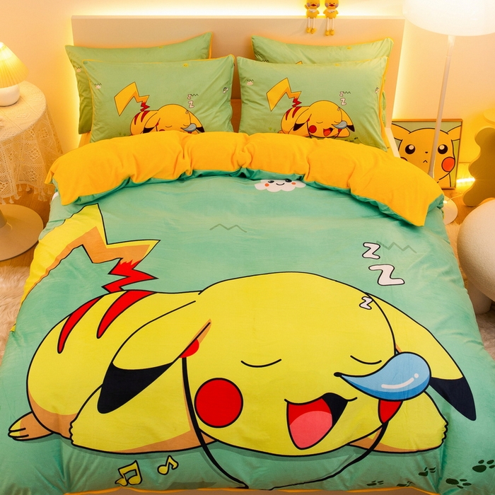 91家纺网 家纺一手货源 找家纺 一电 2025外贸跨境电商儿童卡通床上四件套亲肤牛奶绒学生三件床单被套加大珊瑚宝宝卡通 呼呼皮卡丘