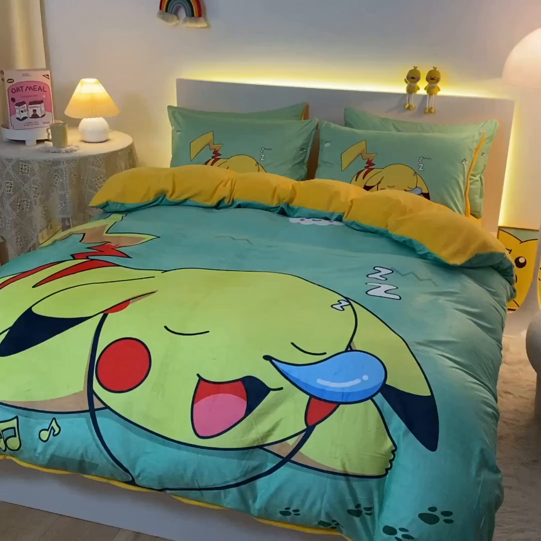 91家纺网 家纺一手货源 找家纺 一电 2025外贸跨境电商儿童卡通床上四件套亲肤牛奶绒学生三件床单被套加大珊瑚宝宝卡通 呼呼皮卡丘