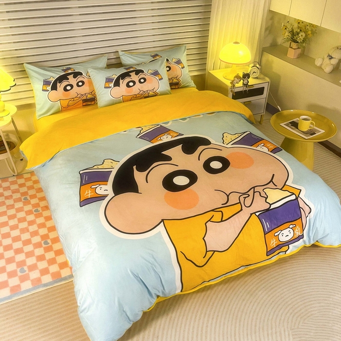 91家纺网 家纺一手货源 找家纺 一电 2025外贸跨境电商儿童卡通床上四件套亲肤牛奶绒学生三件床单被套加大珊瑚宝宝卡通 奶茶小新