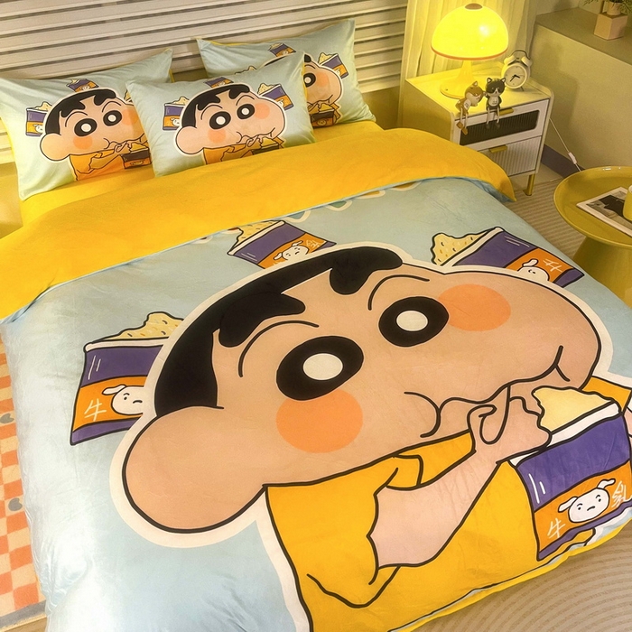 91家纺网 家纺一手货源 找家纺 一电 2025外贸跨境电商儿童卡通床上四件套亲肤牛奶绒学生三件床单被套加大珊瑚宝宝卡通 奶茶小新