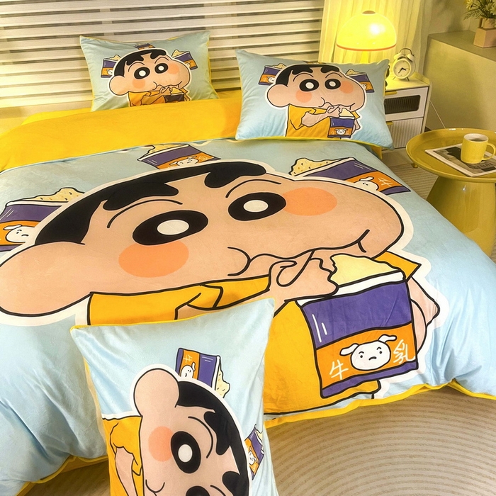 91家纺网 家纺一手货源 找家纺 一电 2025外贸跨境电商儿童卡通床上四件套亲肤牛奶绒学生三件床单被套加大珊瑚宝宝卡通 奶茶小新