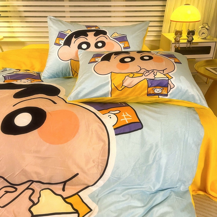 91家纺网 家纺一手货源 找家纺 一电 2025外贸跨境电商儿童卡通床上四件套亲肤牛奶绒学生三件床单被套加大珊瑚宝宝卡通 奶茶小新