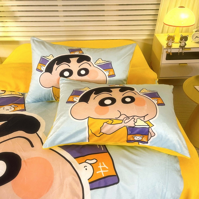 91家纺网 家纺一手货源 找家纺 一电 2025外贸跨境电商儿童卡通床上四件套亲肤牛奶绒学生三件床单被套加大珊瑚宝宝卡通 奶茶小新