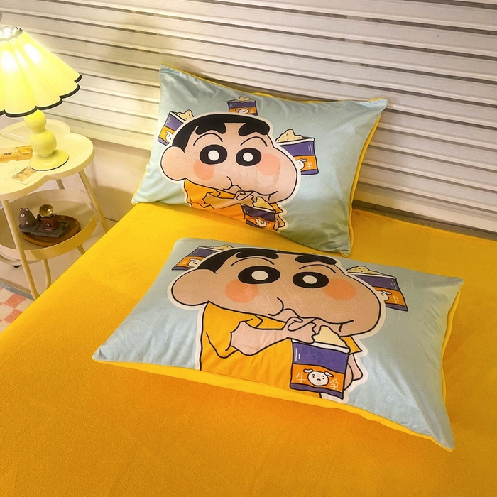 91家纺网 家纺一手货源 找家纺 一电 2025外贸跨境电商儿童卡通床上四件套亲肤牛奶绒学生三件床单被套加大珊瑚宝宝卡通 奶茶小新