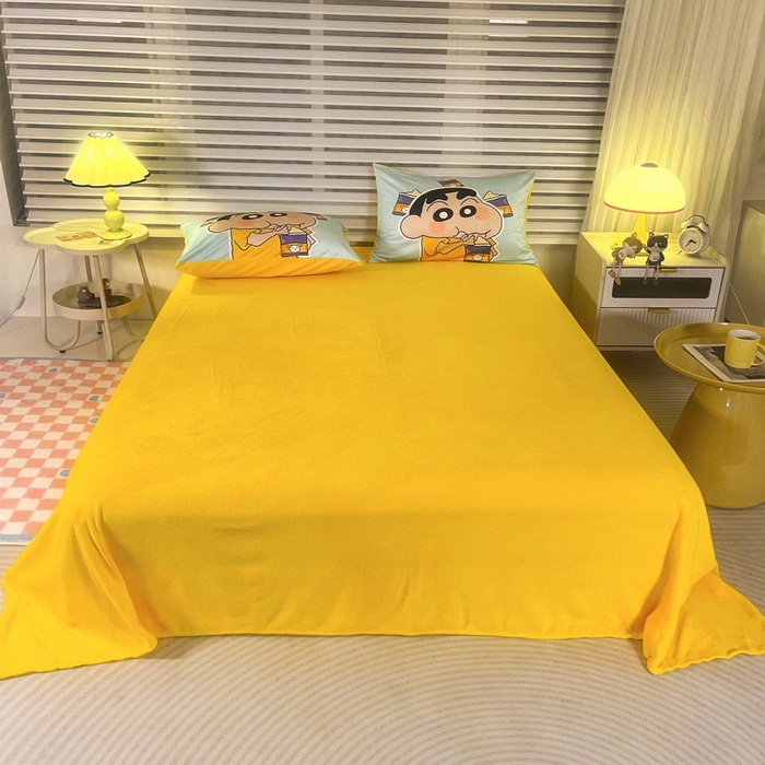 91家纺网 家纺一手货源 找家纺 一电 2025外贸跨境电商儿童卡通床上四件套亲肤牛奶绒学生三件床单被套加大珊瑚宝宝卡通 奶茶小新