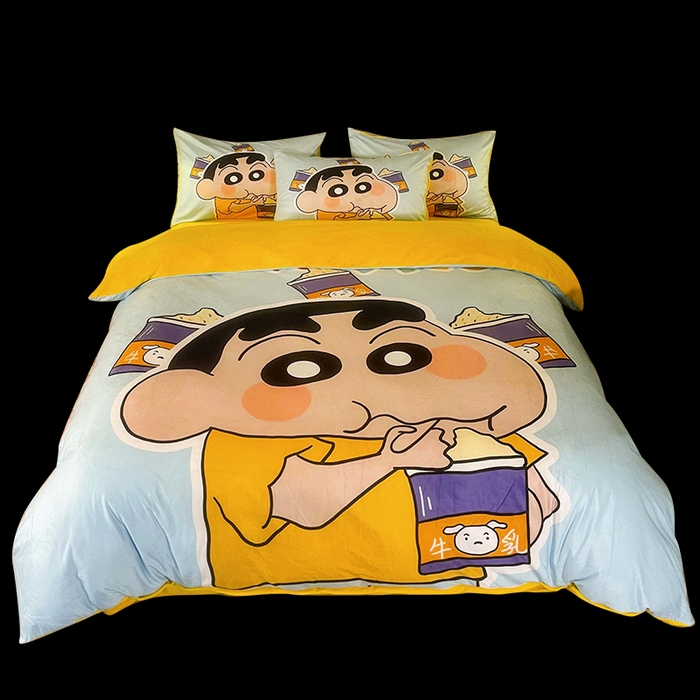 91家纺网 家纺一手货源 找家纺 一电 2025外贸跨境电商儿童卡通床上四件套亲肤牛奶绒学生三件床单被套加大珊瑚宝宝卡通 奶茶小新