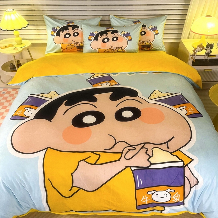 91家纺网 家纺一手货源 找家纺 一电 2025外贸跨境电商儿童卡通床上四件套亲肤牛奶绒学生三件床单被套加大珊瑚宝宝卡通 奶茶小新