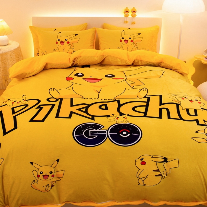 91家纺网 家纺一手货源 找家纺 一电 2025外贸跨境电商儿童卡通床上四件套亲肤牛奶绒学生三件床单被套加大珊瑚宝宝卡通 皮卡丘家族