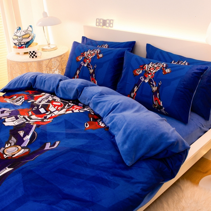 91家纺网 家纺一手货源 找家纺 一电 2025外贸跨境电商儿童卡通床上四件套亲肤牛奶绒学生三件床单被套加大珊瑚宝宝卡通 擎天柱