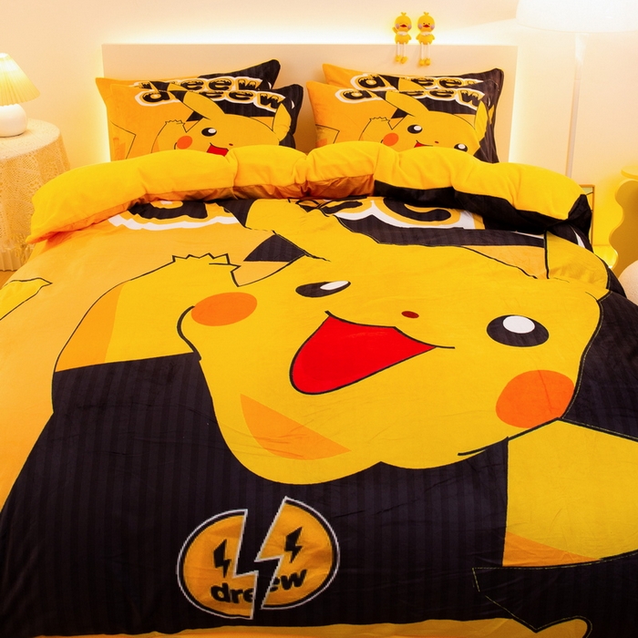 91家纺网 家纺一手货源 找家纺 一电 2025外贸跨境电商儿童卡通床上四件套亲肤牛奶绒学生三件床单被套加大珊瑚宝宝卡通 闪电皮卡丘