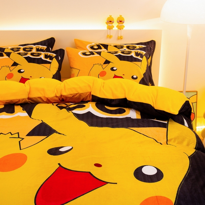 91家纺网 家纺一手货源 找家纺 一电 2025外贸跨境电商儿童卡通床上四件套亲肤牛奶绒学生三件床单被套加大珊瑚宝宝卡通 闪电皮卡丘