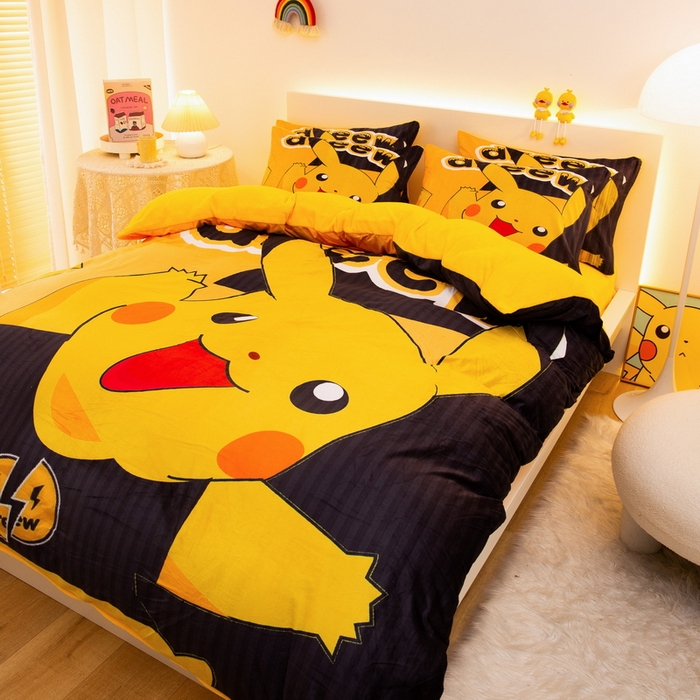 91家纺网 家纺一手货源 找家纺 一电 2025外贸跨境电商儿童卡通床上四件套亲肤牛奶绒学生三件床单被套加大珊瑚宝宝卡通 闪电皮卡丘