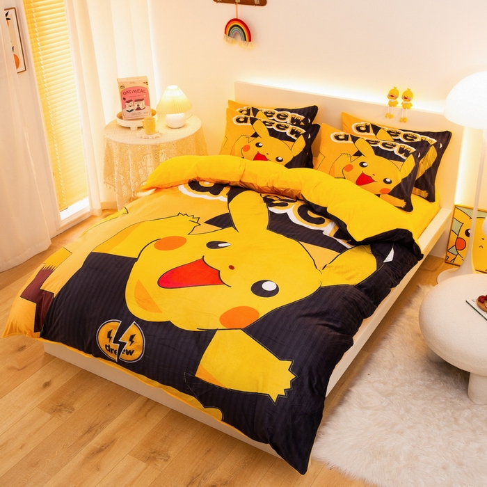 91家纺网 家纺一手货源 找家纺 一电 2025外贸跨境电商儿童卡通床上四件套亲肤牛奶绒学生三件床单被套加大珊瑚宝宝卡通 闪电皮卡丘