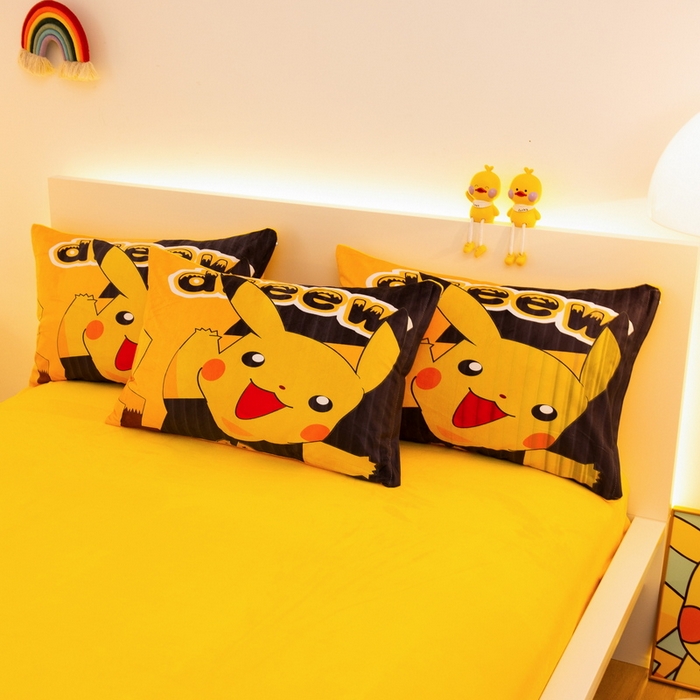 91家纺网 家纺一手货源 找家纺 一电 2025外贸跨境电商儿童卡通床上四件套亲肤牛奶绒学生三件床单被套加大珊瑚宝宝卡通 闪电皮卡丘