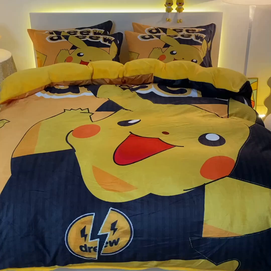 91家纺网 家纺一手货源 找家纺 一电 2025外贸跨境电商儿童卡通床上四件套亲肤牛奶绒学生三件床单被套加大珊瑚宝宝卡通 闪电皮卡丘