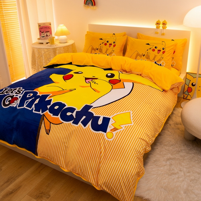 91家纺网 家纺一手货源 找家纺 一电 2025外贸跨境电商儿童卡通床上四件套亲肤牛奶绒学生三件床单被套加大珊瑚宝宝卡通 淘气皮卡丘