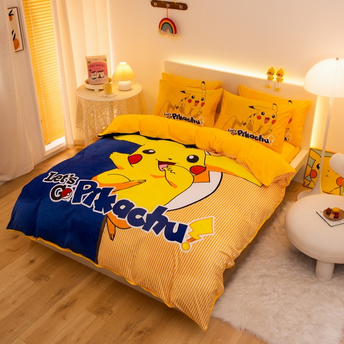 91家纺网 家纺一手货源 找家纺 一电 2025外贸跨境电商儿童卡通床上四件套亲肤牛奶绒学生三件床单被套加大珊瑚宝宝卡通 淘气皮卡丘