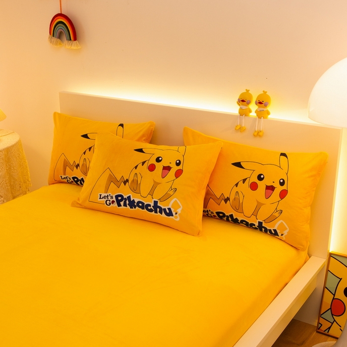 91家纺网 家纺一手货源 找家纺 一电 2025外贸跨境电商儿童卡通床上四件套亲肤牛奶绒学生三件床单被套加大珊瑚宝宝卡通 淘气皮卡丘