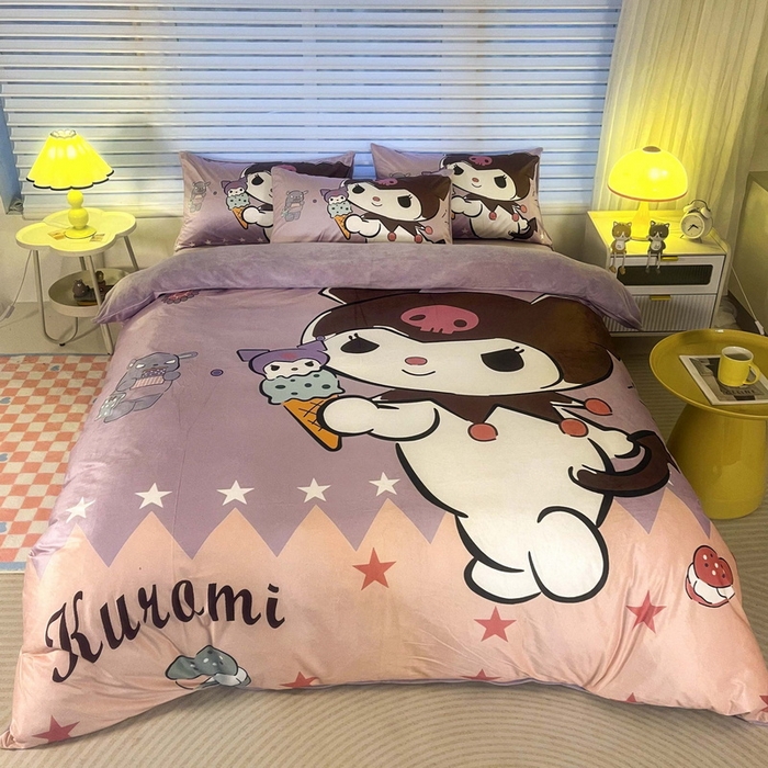 91家纺网 家纺一手货源 找家纺 一电 2025外贸跨境电商儿童卡通床上四件套亲肤牛奶绒学生三件床单被套加大珊瑚宝宝卡通 甜筒库洛米