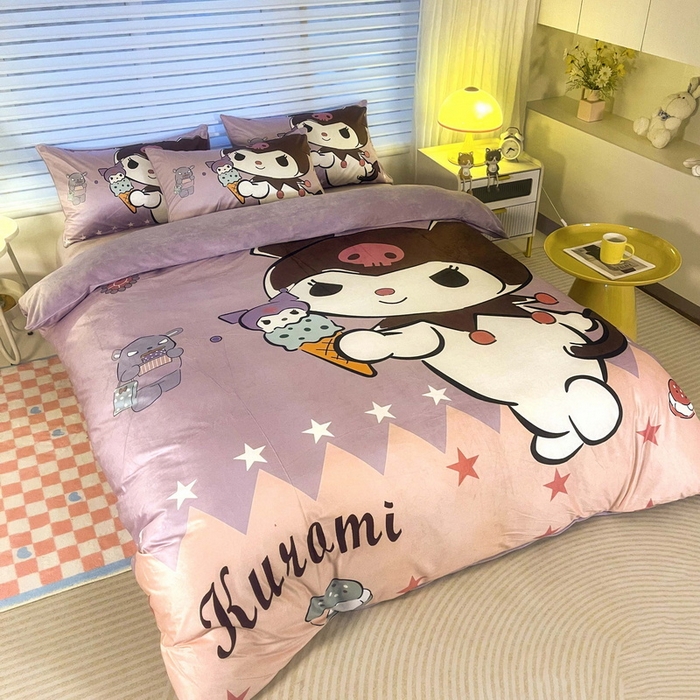 91家纺网 家纺一手货源 找家纺 一电 2025外贸跨境电商儿童卡通床上四件套亲肤牛奶绒学生三件床单被套加大珊瑚宝宝卡通 甜筒库洛米