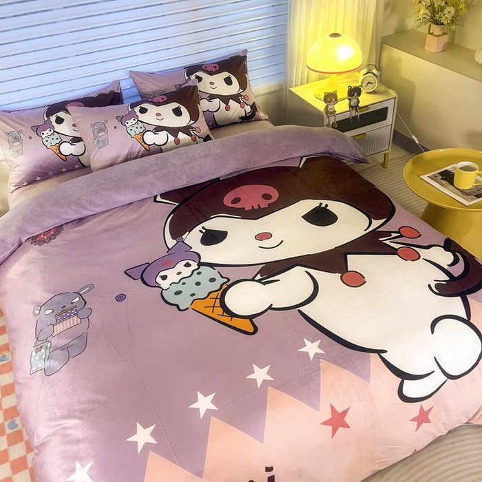 91家纺网 家纺一手货源 找家纺 一电 2025外贸跨境电商儿童卡通床上四件套亲肤牛奶绒学生三件床单被套加大珊瑚宝宝卡通 甜筒库洛米