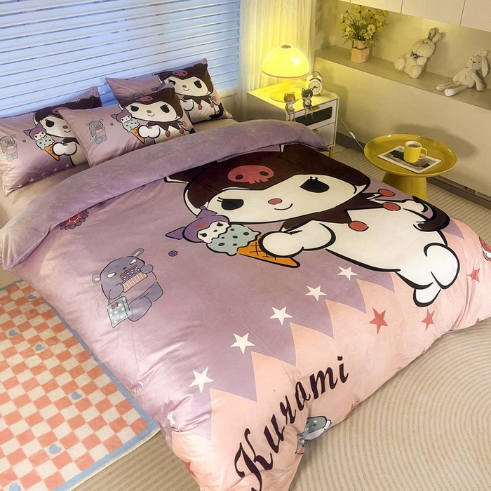 91家纺网 家纺一手货源 找家纺 一电 2025外贸跨境电商儿童卡通床上四件套亲肤牛奶绒学生三件床单被套加大珊瑚宝宝卡通 甜筒库洛米