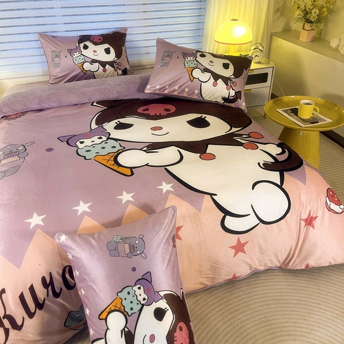 91家纺网 家纺一手货源 找家纺 一电 2025外贸跨境电商儿童卡通床上四件套亲肤牛奶绒学生三件床单被套加大珊瑚宝宝卡通 甜筒库洛米