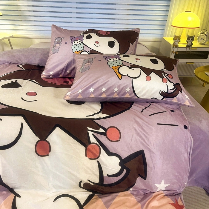 91家纺网 家纺一手货源 找家纺 一电 2025外贸跨境电商儿童卡通床上四件套亲肤牛奶绒学生三件床单被套加大珊瑚宝宝卡通 甜筒库洛米