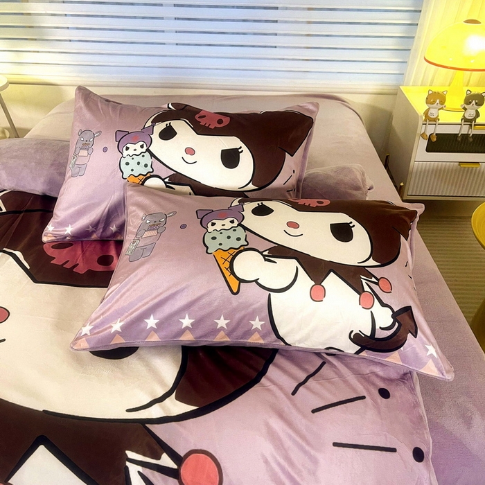 91家纺网 家纺一手货源 找家纺 一电 2025外贸跨境电商儿童卡通床上四件套亲肤牛奶绒学生三件床单被套加大珊瑚宝宝卡通 甜筒库洛米