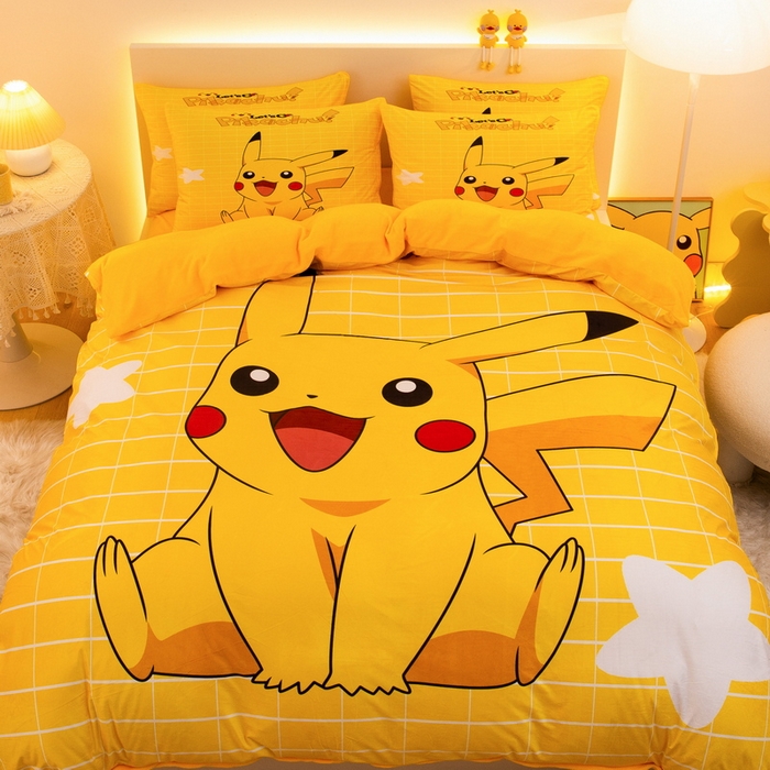 91家纺网 家纺一手货源 找家纺 一电 2025外贸跨境电商儿童卡通床上四件套亲肤牛奶绒学生三件床单被套加大珊瑚宝宝卡通 网红皮卡丘