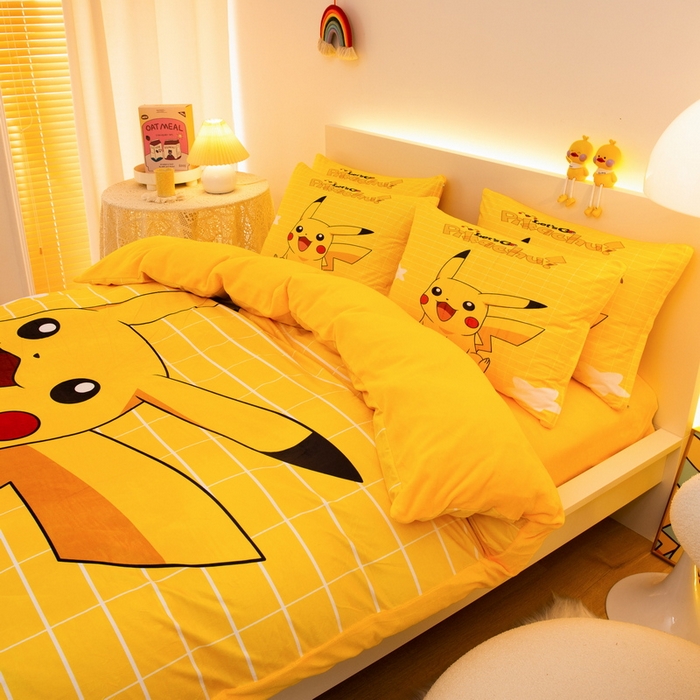 91家纺网 家纺一手货源 找家纺 一电 2025外贸跨境电商儿童卡通床上四件套亲肤牛奶绒学生三件床单被套加大珊瑚宝宝卡通 网红皮卡丘