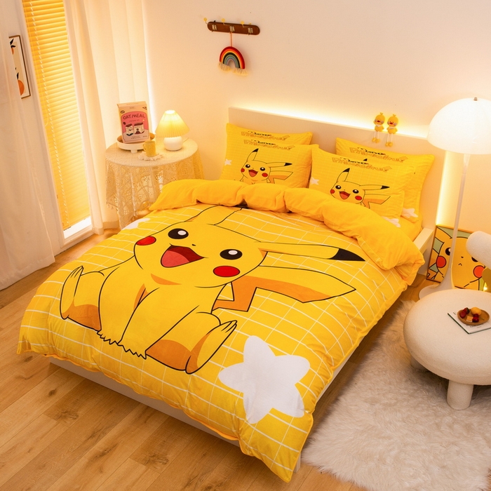 91家纺网 家纺一手货源 找家纺 一电 2025外贸跨境电商儿童卡通床上四件套亲肤牛奶绒学生三件床单被套加大珊瑚宝宝卡通 网红皮卡丘