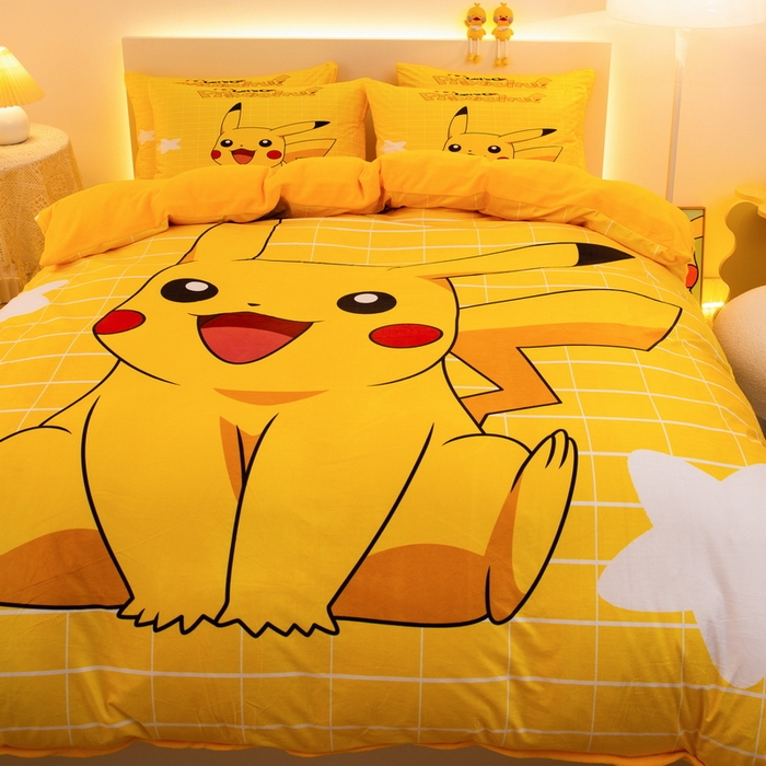 91家纺网 家纺一手货源 找家纺 一电 2025外贸跨境电商儿童卡通床上四件套亲肤牛奶绒学生三件床单被套加大珊瑚宝宝卡通 网红皮卡丘